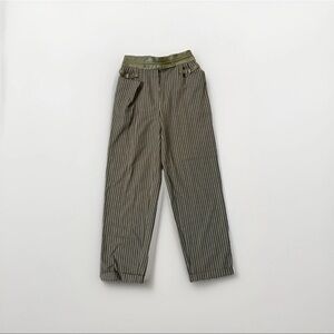 Vintage Alan Austin Olive Pinstripe Pants Size 26 Faux Leather Trim I 100% Wool